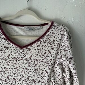 Basic Editions Vintage Floral Long Sleeve Top Burgundy Velvet Trim Cottage Large